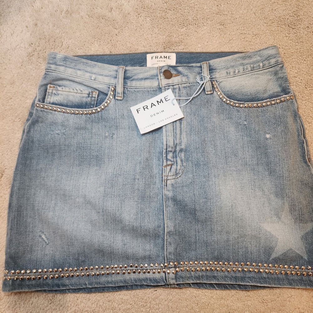 Frame Denim Light Wash Denim Mini Skirt with Stud Trim